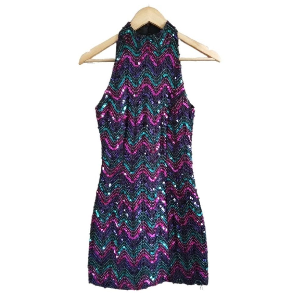 Halter Neck Chevron Sequin Cocktail Party Dress